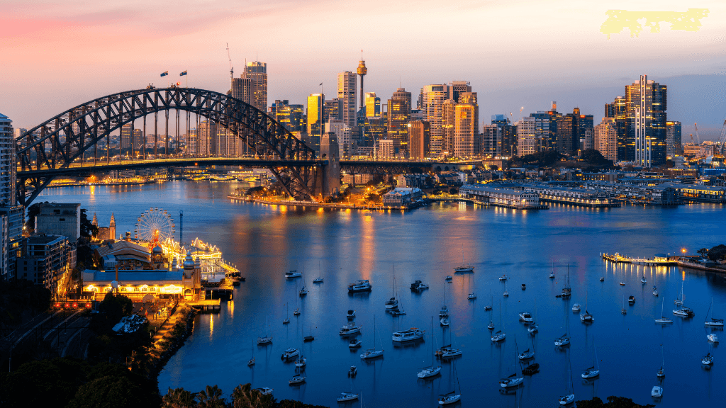 Sydney Harbour Bridge and skyline at dusk, iconic view on East Coast Australia tour. Starting point of 8-day Byron to Brisbane journey.