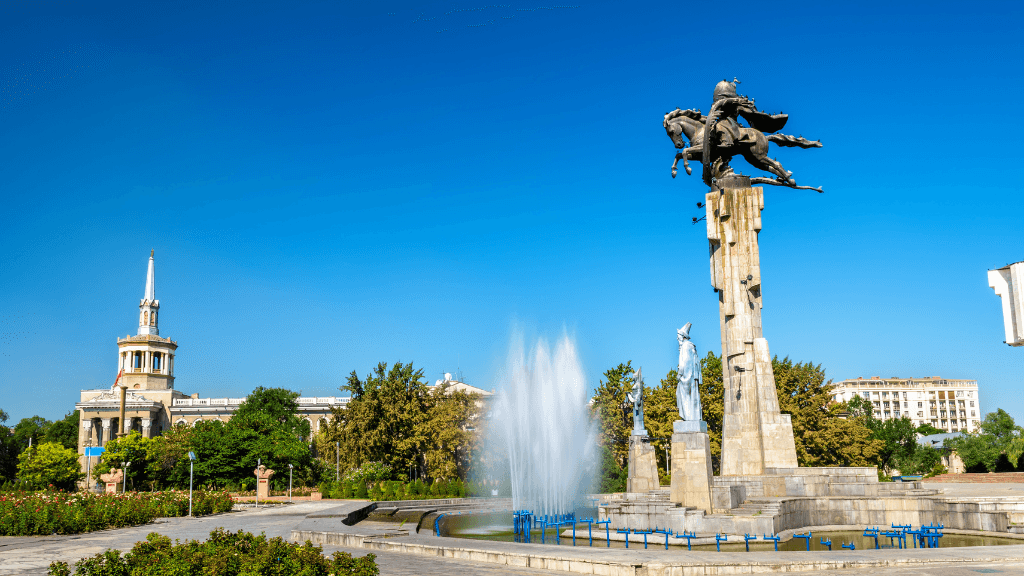 Victory Monument in Bishkek, Kyrgyzstan, a cultural landmark on the Silk Road Cities Tour - Central Asia Adventure.