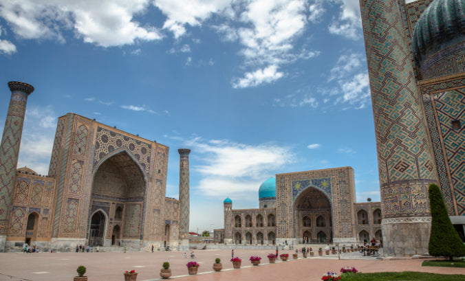 Panoramic view of Registan’s Islamic architecture in Samarkand, Uzbekistan, a highlight of the 14-23 Day Central Asia Silk Road Tour.