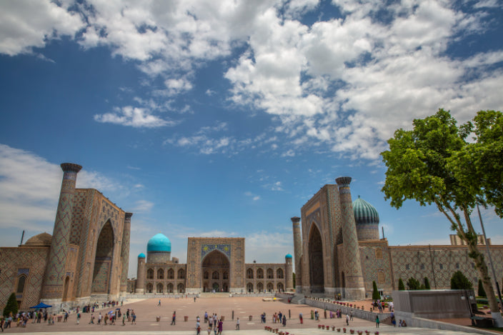 Registan Square in Samarkand, Uzbekistan, a historic Silk Road hub featured on the 14-23 Day Central Asia Silk Road Tour.