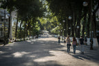 Shaded pedestrian walkway in a Central Asian city, offering leisure moments on the 14-23 Day Central Asia Silk Road Tour.