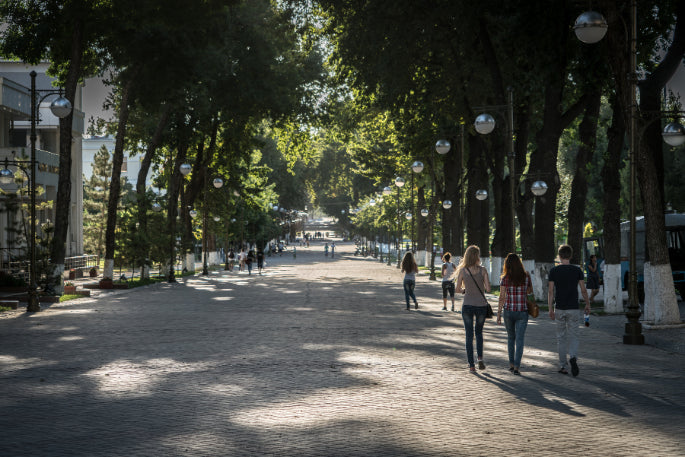 Shaded pedestrian walkway in a Central Asian city, offering leisure moments on the 14-23 Day Central Asia Silk Road Tour.