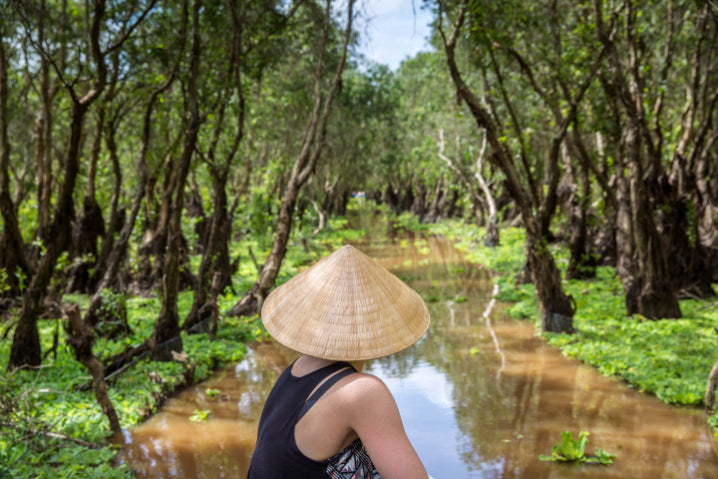 Traveler wearing conical hat admiring mangrove forest in Vietnam. Scenic boat ride on Vietnam Hiking and Cycling Tour.